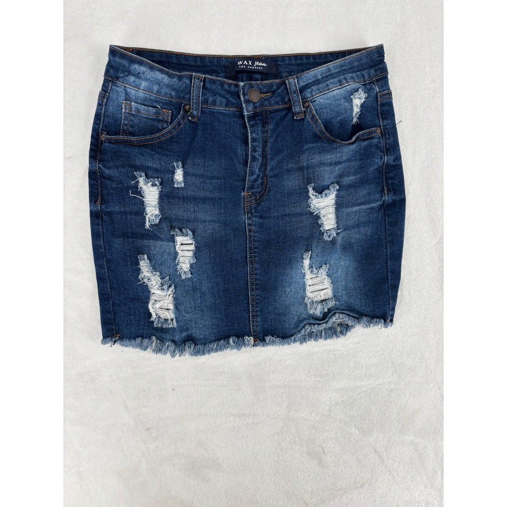 Wax Jean Denim Mini Skirt Womens Sizeā M Dark Wash Distressed Raw Hem